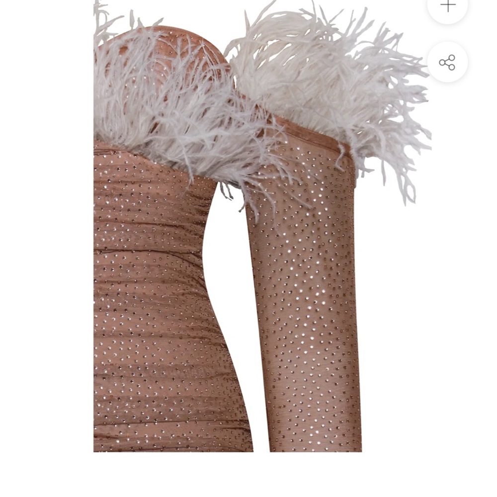 Nude Mesh Crystal Dress with White Feather Trim